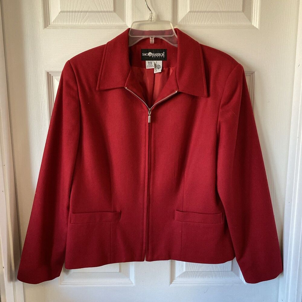 Sag Harbor Women’s Size 10P Petite Red Wool Jacket Full Zip Pockets Lined